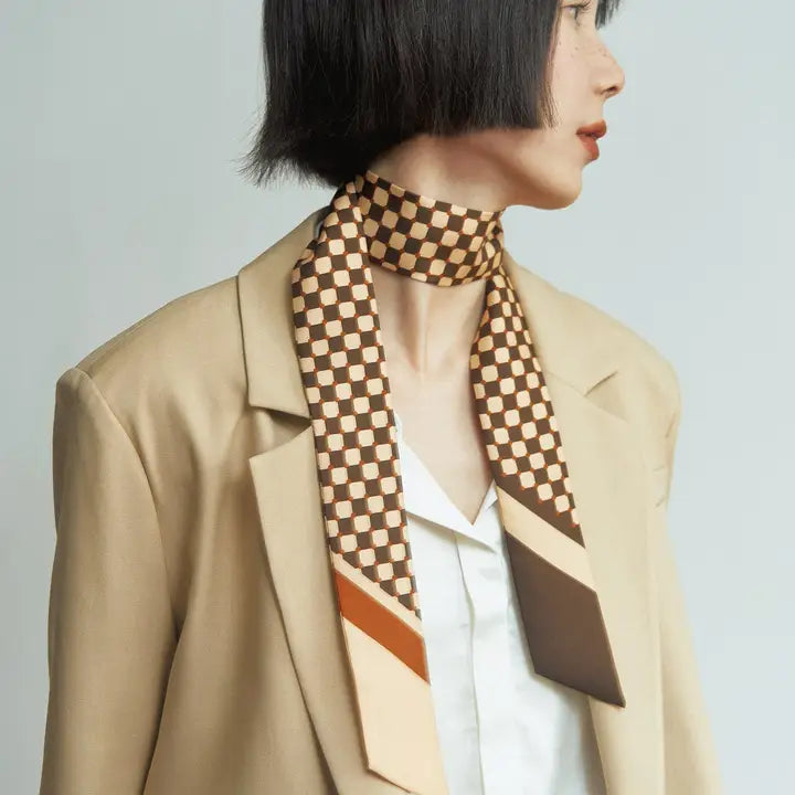 “Checkerboard” Silk Skinny Scarf - Coffee