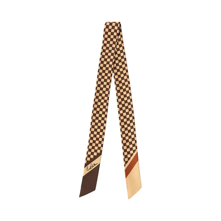 “Checkerboard” Silk Skinny Scarf - Coffee