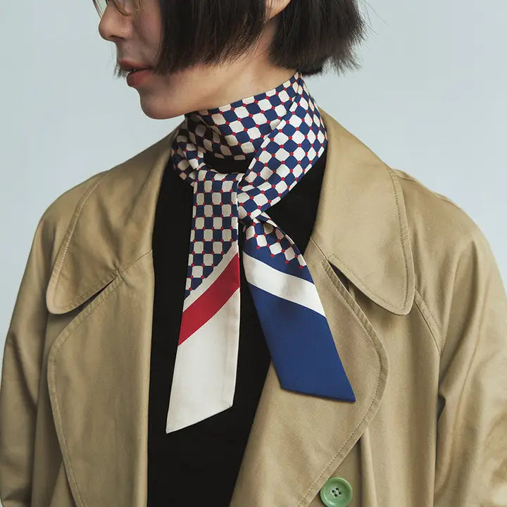 “Checkerboard” Silk Skinny Scarf - Blue