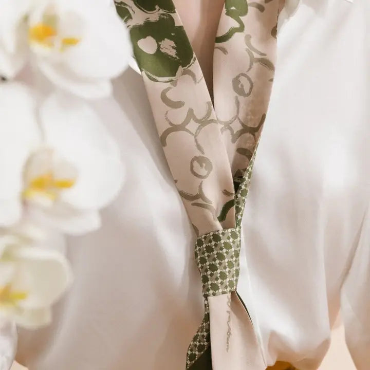 "Floral Houndstooth" Silk Skinny Scarf