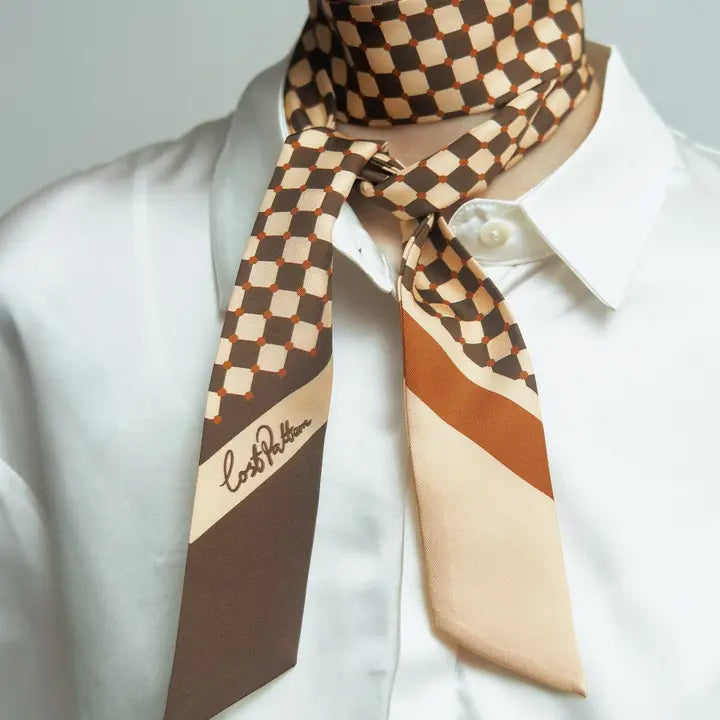 “Checkerboard” Silk Skinny Scarf - Coffee